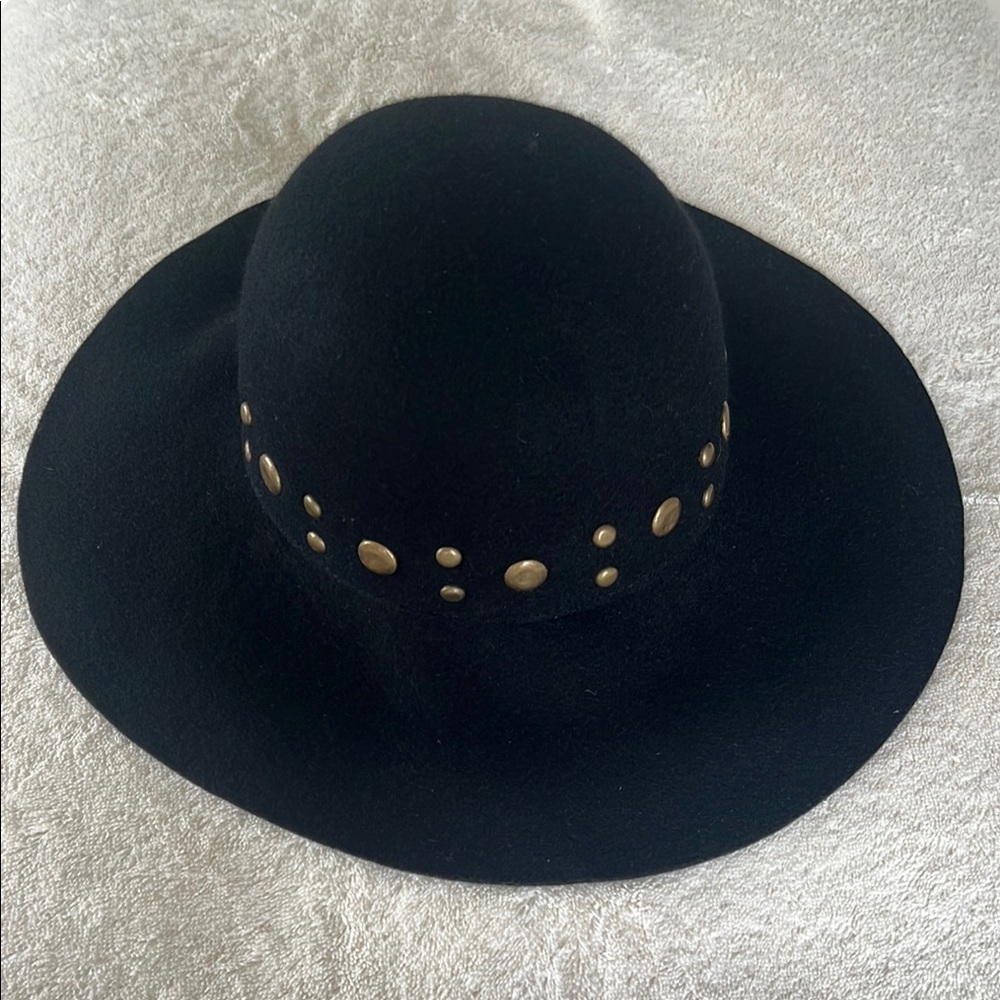 Black Wide-Brim Wool Hat with Gold Accents